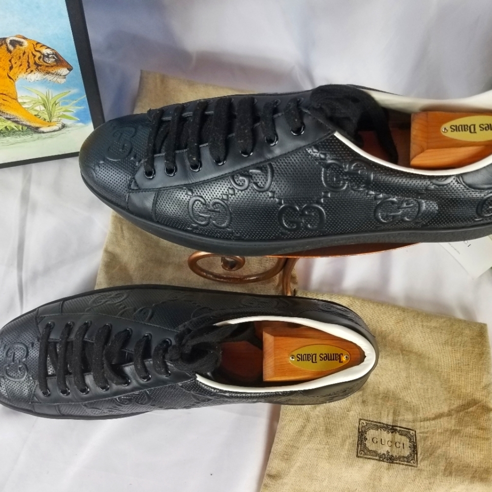 Gucci Black Ace Sneakers GG Embossed Leather G 11